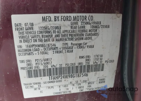 2008 Ford Taurus z USA, uszkodzony, nr VIN 1FAHP24W9BG187456